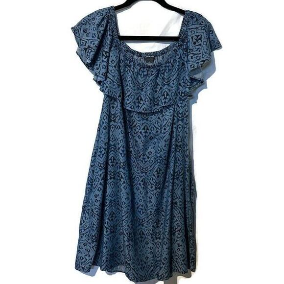 Chelsea & Theodore Women Chambray Blue Off Shoulder Ruffled Shift Dress Large - Picture 1 of 5